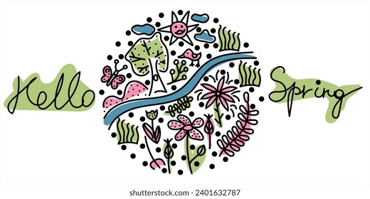 Spring Set with tree, flowers, grass, river, butterfly, bird, sun in doodle style. Hello Spring. Vector hand drawn illustration in black, blue, pink, green colors. Isolated on white background