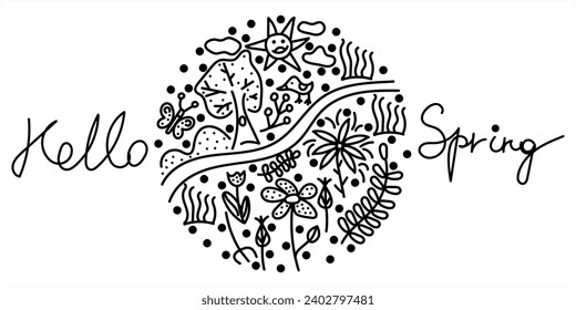 Spring Set with tree, flowers, grass, dots, river, butterfly, bird, sun in doodle style. Hello Spring. Vector hand drawn illustration in black colors. Isolated on white background