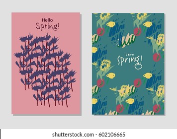 Spring set universal floral cards and text signs. Hand Drawn textures. Color vector illustration. EPS8