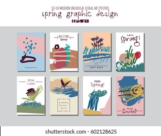 Spring set universal floral cards or posters. Hand Drawn textures. Anniversary, birthday, party invitations, covers, decor elements. Color vector illustration. EPS8
