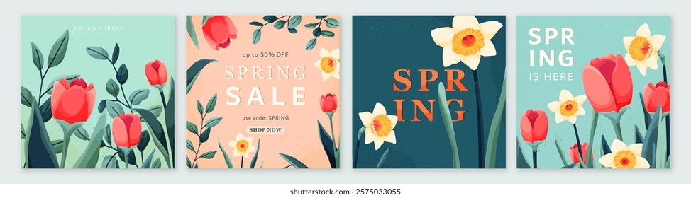 Spring set vector background. Floral pattern for greeting cards, posters, covers design. Bloom flowers, leaves, textures, sale text typography in modern style. Squared shape.