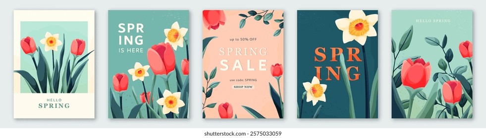 Spring set vector background. Floral pattern for greeting cards, posters, covers design. Bloom flowers, leaves, textures, sale text typography in modern style.