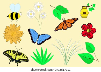 Spring set. Vector elements for design, spring paraphernalia. Flowers bees leaves branch butterfly. Flat.