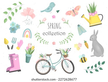Spring set, vector elements - flowers, bird, bicycle, gumboots and other. Vector illustration. Perfect for greeting card, scrapbooking, party invitation, poster, tag, sticker kit.