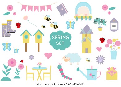 Spring set . Vector garden tools, flowers. Cute icons for a website, app, sale, or ad. Birds, plants, insects and  items