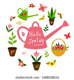 Juego de primavera. Aguas, flores, plántulas, plantas, ramas y mariposas. Dejando el muelle de Adiós. Diseño plano. Elementos aislados sobre un fondo blanco. Ilustración vectorial. Jardinería.