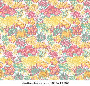 Spring shabby style floral  seamless pattern. Summer lush flowerbed rapport for background, fabric, textile, wrap, surface, web and print. Hand drawn flowers pattern with roses, tulip, garden flowers.