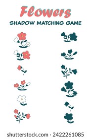 Spring shadow matching activity game for children. Simple educational game for kids with spring flowers. Find the correct silhouette. Printable vector worksheet for children