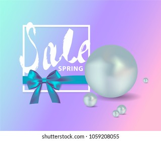 Spring shopping sale banner template with lettering. Vector decorative silk bows, ribbons, pearls.