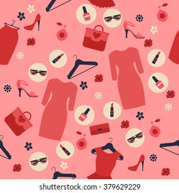 Spring Shopping Seamless Pattern. Accessories, Clothing and Fashion Elements. Vector illustration