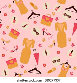 Spring Shopping Seamless Pattern. Accessories, Clothing and Fashion Elements. Vector illustration