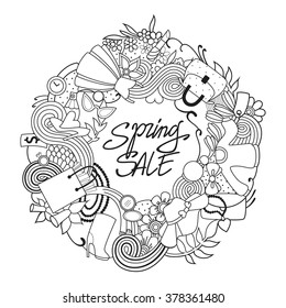 Spring shopping template. Adult coloring page. Vector illustration.