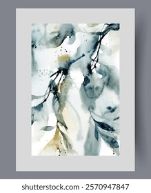 Spring shrub or tree branches from botanical park close-up on wall art. Watercolor print. Artwork with plant or shrub symbolizing care for nature and forest development, in frame with decor for poster
