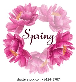 Spring sign  Floral Greeting Card, invitation card, with Blooming Peony flowers. Vector illustration