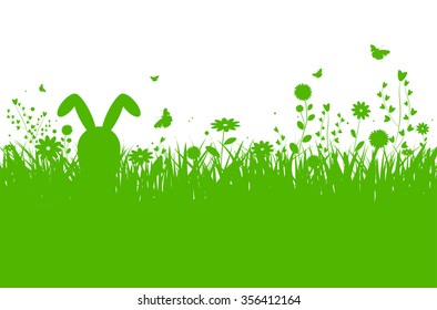 Spring silhouette easter background with abstract grass, flowers, bunny and butterflies - vector illustration