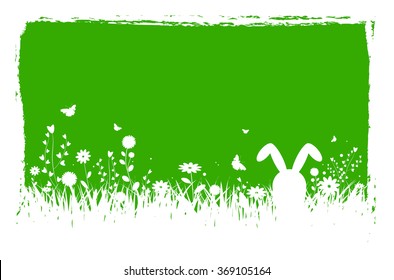 Spring silhouette easter background with abstract grass, flowers, bunny, butterflies and grungy border - vector illustration