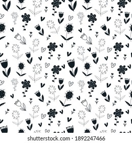 Spring silhouette flowers pattern. Cartoon style endless texture on white background. For textile, bed linen, kitchen towels.