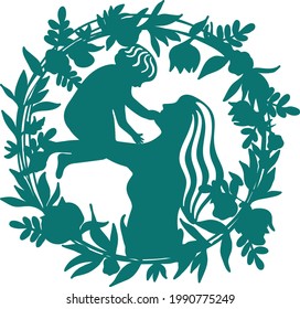 Spring silhouette of a mother and child in a wreath with flowers. Best Mom Ever