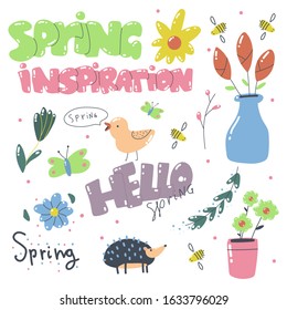 Spring simple elements vector cartoon doodle set isolated on a white background.