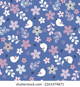 Spring simple flowers and birds seamless pattern