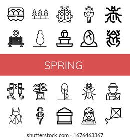 spring simple icons set. Contains such icons as Egg, Bench, Forest, Tree, Ladybug, Flower pot, Roses, Eggs, Beetle, Mosh, Plant, Irish, Potting soil, can be used for web, mobile and logo