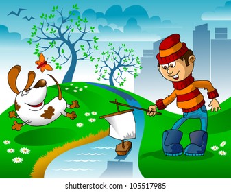 Spring sketch. The boy let the boat into the creek;