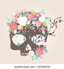 spring sketch flower and bird with skull pattern background