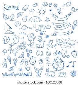 Spring sketch set. Simple objects on white background