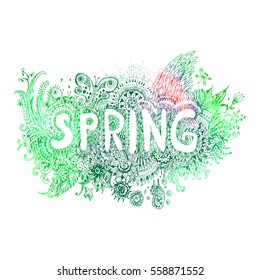 Spring sketchy doodles decorative floral ornamental elements and lettering. Unique  watercolor vector textures. Green colors. Hand drawn illustration in style zentangle isolated on white background