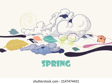 Spring Sky Abstract Background, Green Leaf And Clouds Design