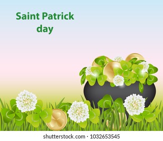 Spring sky background.Saint Patrick day,frame with clover,white flowers.Border is green grass and Shamrock.Vector illustration.Coin,white flowers inside the pot, magical glow.Vector illustration 