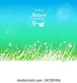 Spring sky with grass frame. Eco friendly drawing background