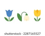 Spring slower in geometric style: bluebell flower, snowdrop, tulip. Flowering bulb plants with bright and colorful flowers. Illustration set in minimalistic style. Vector flat, floral design element