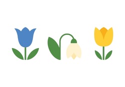Spring Slower In Geometric Style: Bluebell Flower, Snowdrop, Tulip. Flowering Bulb Plants With Bright And Colorful Flowers. Illustration Set In Minimalistic Style. Vector Flat, Floral Design Element