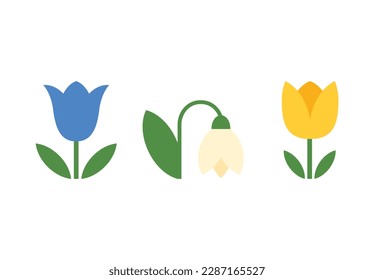 Spring slower in geometric style: bluebell flower, snowdrop, tulip. Flowering bulb plants with bright and colorful flowers. Illustration set in minimalistic style. Vector flat, floral design element