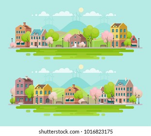 Spring in small town. Urban landscape. Vector illustration.