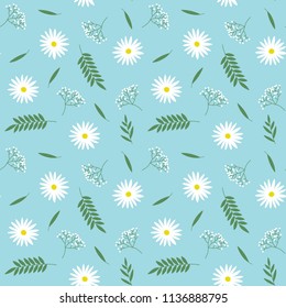 spring small white flowers green leaves chamomile branches pattern on a blue background seamless vector.
