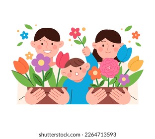 Primavera, familia sonriente sosteniendo macetas con flores. Mamá, papá y bebé son felices juntos.