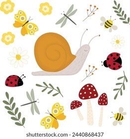 Spring Snail Ladybird Butterfly Dragonfly with Flowers Elements - Hand-drawn Vector Illustration for Decor, Invitations, and Greeting Cards