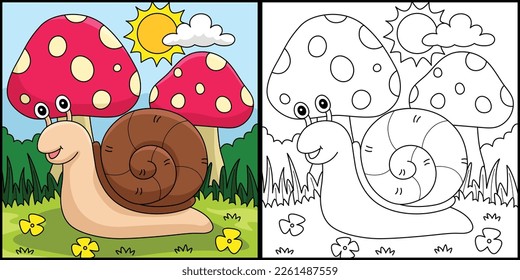 Spring Snail with Mushroom Coloring Illustration