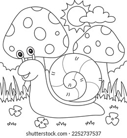 Spring Snail with Mushroom Coloring Page for Kids