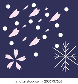 Frühlingsschnee und Blütenblasen, die bis spät in die Nacht hinabfielen
