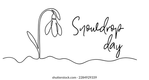 Spring snowdrop flower in continuous line art style. Spring background with snowdrop, environmental protection design concept, Earth day, the arrival of spring. Vector illustration