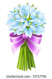 spring snowdrop flowers bouquet with pink ribbon isolated on white background. vector illustration