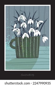 Spring snowdrop flowers in a cup on the table in linocut style. Lino print can be used as a stamp on fabric, wall art, postcard. Hand drawn illustration