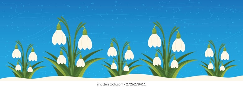 Gotas de nieve de primavera floreciendo en la nieve sobre fondo azul Anuncio de Ilustración vectorial panorámica.