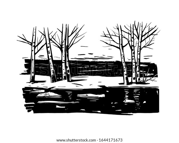 春の雪解け 川に鳥や雪が降る風景 白黒のベクター画像イラスト スケッチをフリーズ解除 のベクター画像素材 ロイヤリティフリー