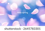 Spring soft background. Beautiful watercolor banner with flying and falling pink petals of sakura flowers or cherry blossom tree in blue sky. Design for social media. Realistic 3D vector illustration