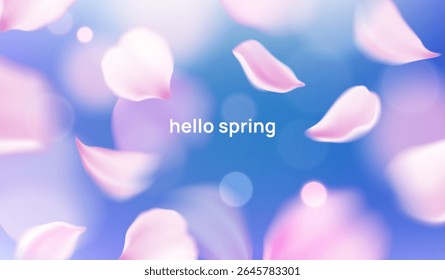 Voorjaarszachte achtergrond. Mooie aquarel banner met vliegende en vallende roze bloemblaadjes van sakura bloemen of kersenbloesem boom in blauwe lucht. Ontwerp voor social media. Realistische 3D-vectorillustratie