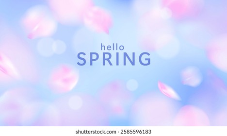 Spring soft background. Flying flower petals. Pink flowers. Cherry blossom. Blue sky.